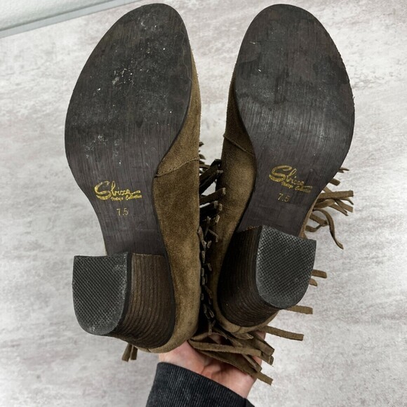 Sbicca Size 7.5 Khaki Sound Suede Leather Fringe Bootie Western Rodeo Heel Boots - Picture 4 of 12